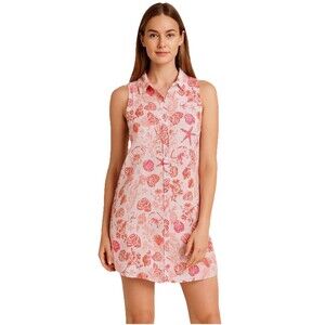 Sigrid Olsen 100% Linen Shirt Dress Size Small Red White Shell Ocean Print